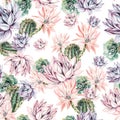 Watercolor blooming cactus background. Exotic cacti with flowers, seamless pattern. Succulent plants and cactus garden pattern.