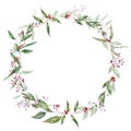 Watercolor Blooming Eucalyptus Wreath, Natural Round Frame, Wedding Invitation