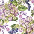 Watercolor blooming hydrangea seamless pattern, leaves, buds and blue berries. Natural botanical floral texture Royalty Free Stock Photo