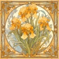 Watercolor blooming iris flowers in an Art Nouveau patterned frame.