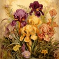 Watercolor blooming iris flowers in an Art Nouveau patterned frame.