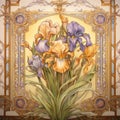 Watercolor blooming iris flowers in an Art Nouveau patterned frame.