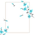 Watercolor blossoming spring branch with turquoise flowers in a beige frame on a white background. Floral decoration. Birthday car