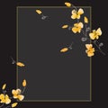 Watercolor blossoming spring branch with yellow flowers on the black background. Floral decoration. Birthday card.
