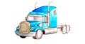 Watercolor blue American semi-trailer truck tractor without container on a white background isolated for logistics or Royalty Free Stock Photo