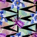 Watercolor blue aquilegia flower. Floral botanical flower. Seamless background pattern.