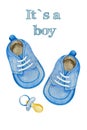 Watercolor baby boy shower set. Its a boy theme with shoes and pacifier. Its a boy illustration