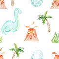 watercolor blue baby dinosaur seamless pattern on white background. Cute diplodoc print for baby fabric  textile  wrapping Royalty Free Stock Photo