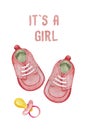 Watercolor baby girl shower set. Its a girl theme with shoes and pacifier. Its a girl illustration Royalty Free Stock Photo