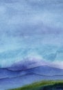 Watercolor Blue Background. Abstract Landscape Depicting High Blue Clear Sky Merging With Mountains And Small Green