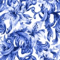 Watercolor blue baroque seamless pattern with white royal lilies. Hand drawn blue scrolls, flowers, leaves