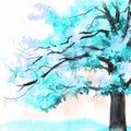 Watercolor blue beautiful tree. Hand drawn illustration for card, postcard, cover, invitation, textile