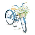 Watercolor blue bicycle with flower basket