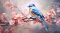 Watercolor blue bird on a tree branch with pink flowers