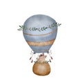 Watercolor blue boho balloon with basket and bear. Hand painted illustration for children's design in cartoon
