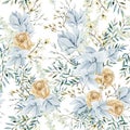 Watercolor blue boho floral seamless pattern with flower bouquet. Golden Rose, greenery branch, pampas grass Royalty Free Stock Photo