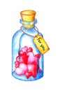 Watercolor blue bottle with a wooden cork inside of which there are pink and red hearts, on the bottle there is a tag with the wor Royalty Free Stock Photo
