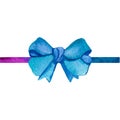 Watercolor blue bow. Colored bright bow with ribbon