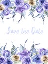 Watercolor blue and brown roses and plants card template, Save the Date card design
