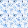 Watercolor seamless pattern with flying butterfly, isolated on white background. Blue butterflies print. Hand painted illustration Royalty Free Stock Photo