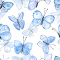 Watercolor blue butterflies seamless pattern. Pastel blue butterfly print. Hand painted illustration. Nursery wallpaper