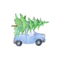 Watercolor blue car with christmas tree , christmas decoration