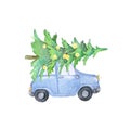 Watercolor blue car with christmas tree lights, christmas decoration