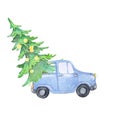 Watercolor blue car with christmas tree lights, christmas decoration