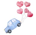 Watercolor blue car with red hearts balloons