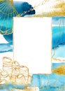 Watercolor blue card with underwater plant. Hand painted golden border, coral, shell and laminaria branch with leaves