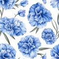 Watercolor Blue Carnation Seamless Pattern With Detailed Shading