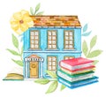 Watercolor blue cartoon library building in flowers with pile of books