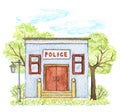 Watercolor blue cartoon police office building surrounded landscape