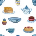 Watercolor blue china and desserts seamless pattern isolated on white