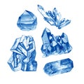Watercolor blue crystal gems collection. Hand painted illustration with minerals isolated on white background. Royalty Free Stock Photo