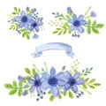 Watercolor blue daisy bouquet.Floral decor set