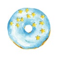 Watercolor blue donut with sprinkles isolated on white background Royalty Free Stock Photo