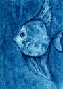 Watercolor blue fish on blue background