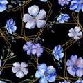Watercolor blue flax flowers. Floral botanical flower. Seamless background pattern.