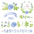 Watercolor blue floral decor set with numbers Royalty Free Stock Photo
