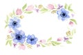 Watercolor blue flower anemone wreath ellipse frame.