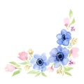 Watercolor blue flower anemone wreath frame.