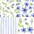 Watercolor blue flowers,strips seamless pattern.Cute set