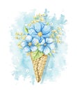 Watercolor blue flowers in waffle cone on blue stain backdrop