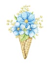 Watercolor blue flowers in waffle cone