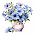 Watercolor Blue Flowers In White Vase - Historical Illustration Style Royalty Free Stock Photo