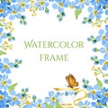 Watercolor blue forget-me-not square frame with a teacup and a butterfly on it Royalty Free Stock Photo