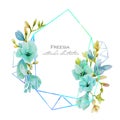 Watercolor blue freesia flowers geometric stylish frame