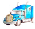 Watercolor front semi-trailer truck as a tractor unit and semi-trailer to carry freight in white background isolated with cop Royalty Free Stock Photo