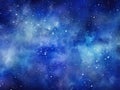 Watercolor blue galaxy background with bright stars and colorful nebulae: a dreamy cosmic landscape.